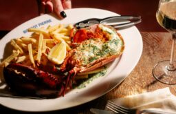 seafood, fries, veg and wine, food