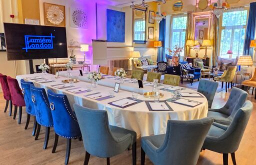 TV screen, boardroom layout, modern venue, lumiere london