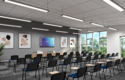 intreactive screen, theatre layout, chairs with desk, conference room