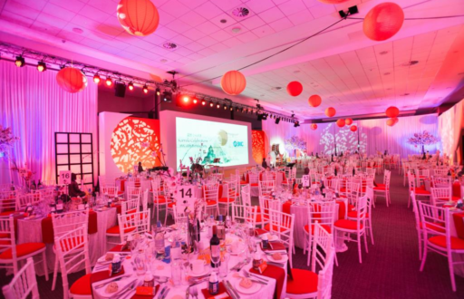Chinese new year, red and white chairs, table numbers, conference dinner set up, cabaret layout