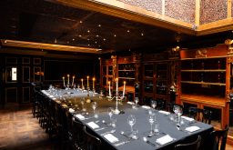 boardroom layout, meeting room, candlelit table top, library