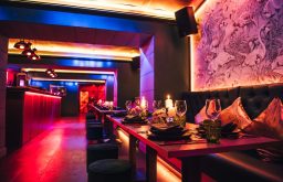 lushly decorated venue, dimly lit room