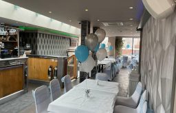 tables, balloons on stand, event, bar