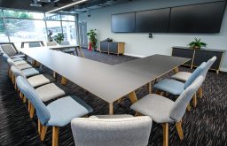 boardroom layout, tv screens, modern meeting space