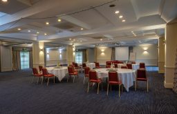 cabaret layout, projector screen, flip chart, large conference space