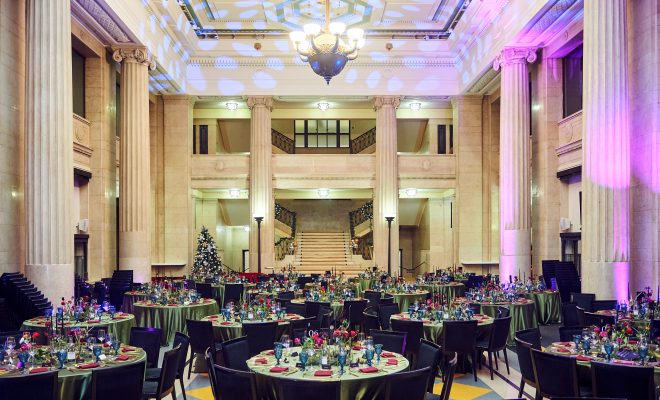 Christmassy, Christmas tree near the staircase, Christmas decorations, dressy tables