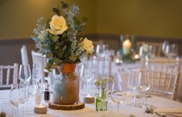 centerpiece, plants, dining layout, yellow rose, wine glasses