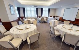 cabaret layout, projector screen, water glasses, small conference space