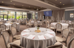 cabaret layout, conference layout, water glasses, natural lighting
