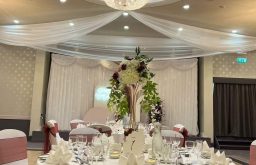 event space, nicely decorated, chandelier