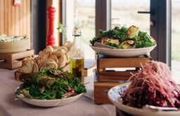 fork catering, bread, salad, oil