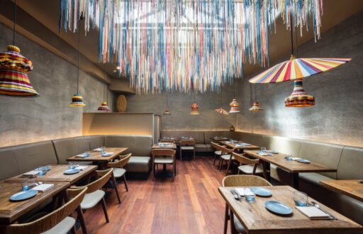 streamers on the ceiling, private dining, trendy, meeting venue