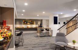 breakout space, modern eating area, high tables and stools, cosy