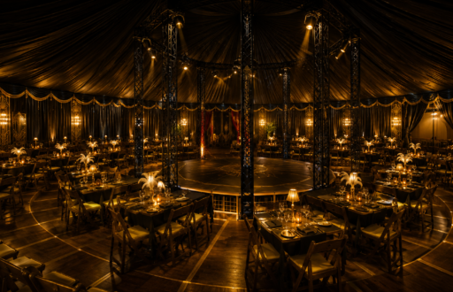 round centred stage, ritzy vibe, private dining, dimly lit event space