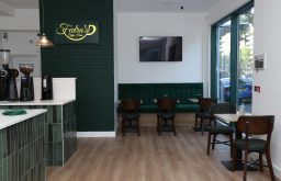 event space, coffee house, corporate, green and white walls