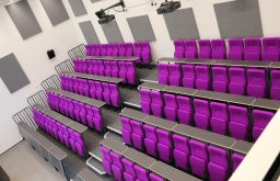 lecture room, purple chairs, foldable tables