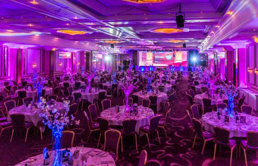 gala dinner, large conference room, projector screen