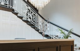armada house reception, stairwell, chandelier