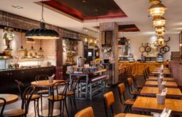 restaurant in Tower Bridge, catering, food buffet, eating area, bar and stools, cutlery holder