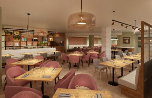 restuarant, in-house catering, modern and bright space, comfortable seats, wooden tables, inspiring event space