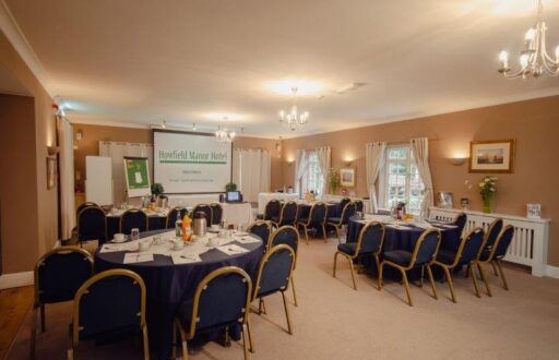 cabaret layout, projector screen, flip chart, notepad and pens, conference room