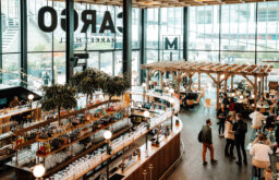 large bar, networking, chairs and tables, market halls canary wharf