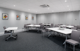 conference room, head table, water glasses, modern, grey and white