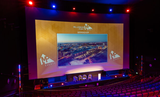 large projector screen, conference speaker chairs, auditorium