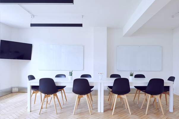 meeting room, plasma screen, two whiteboards