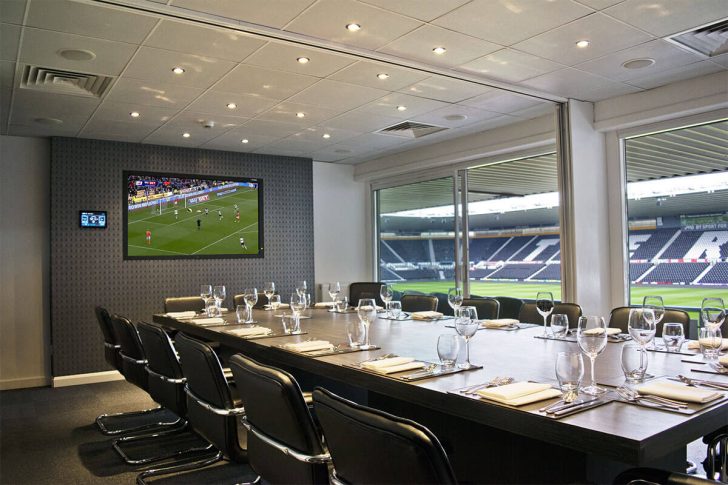 boardroom, chairs, screen, view of the stadium