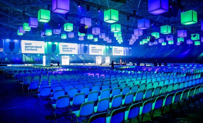 conference space, purple and green lit room