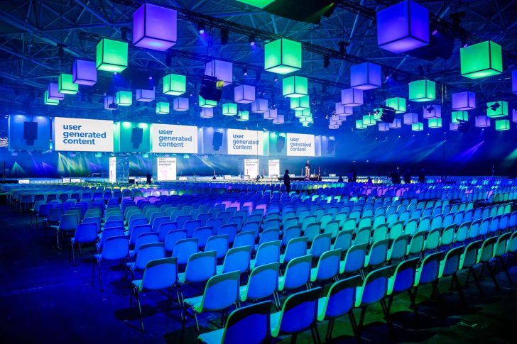 conference space, purple and green lit room