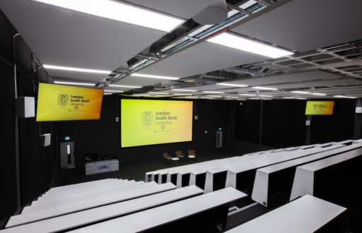 auditorium, university conference venue, conference room, large TV screes