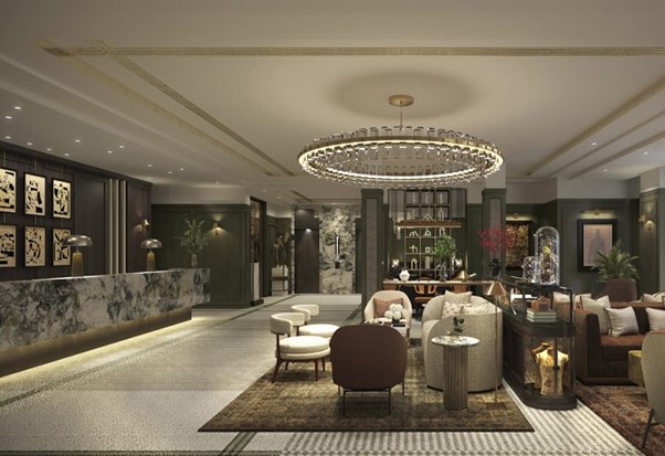 hotel reception area, lavish, modern