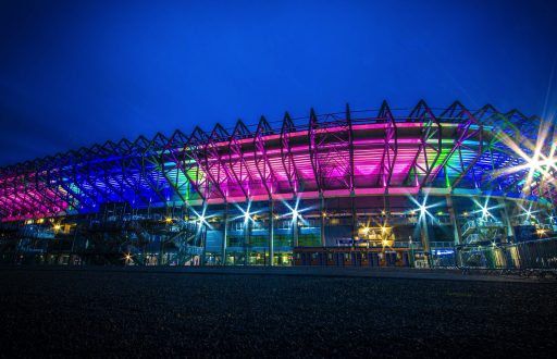 colourful lit up stadium, exterior, conference & meeting venue