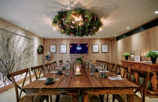 meeting room, nature vibe, flowers on the ceiling, TV screen, boardroom layout