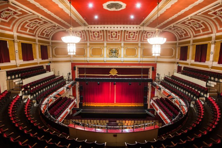 auditorium, red, stage curtain, seating