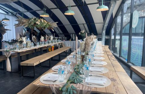 dinners, wooden benches & tables, candles