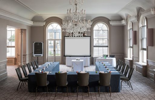 u-shape table, chandelier, natural lighting, projector screen