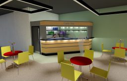 cafe, bar, 3D design, eating area, redbround tables and yellow chairs