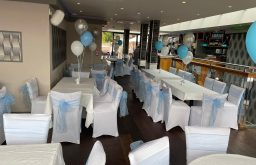 event space, balloons, table cloths, bar