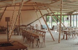 event space, tipis, sustainable furntiure, fairy lights, nicely decorated