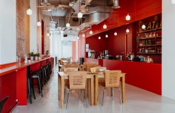 breakout room, networking, red & white modern event space