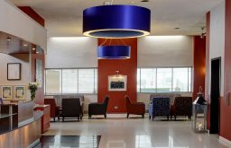 lobby, comfy chairs, blue light shades